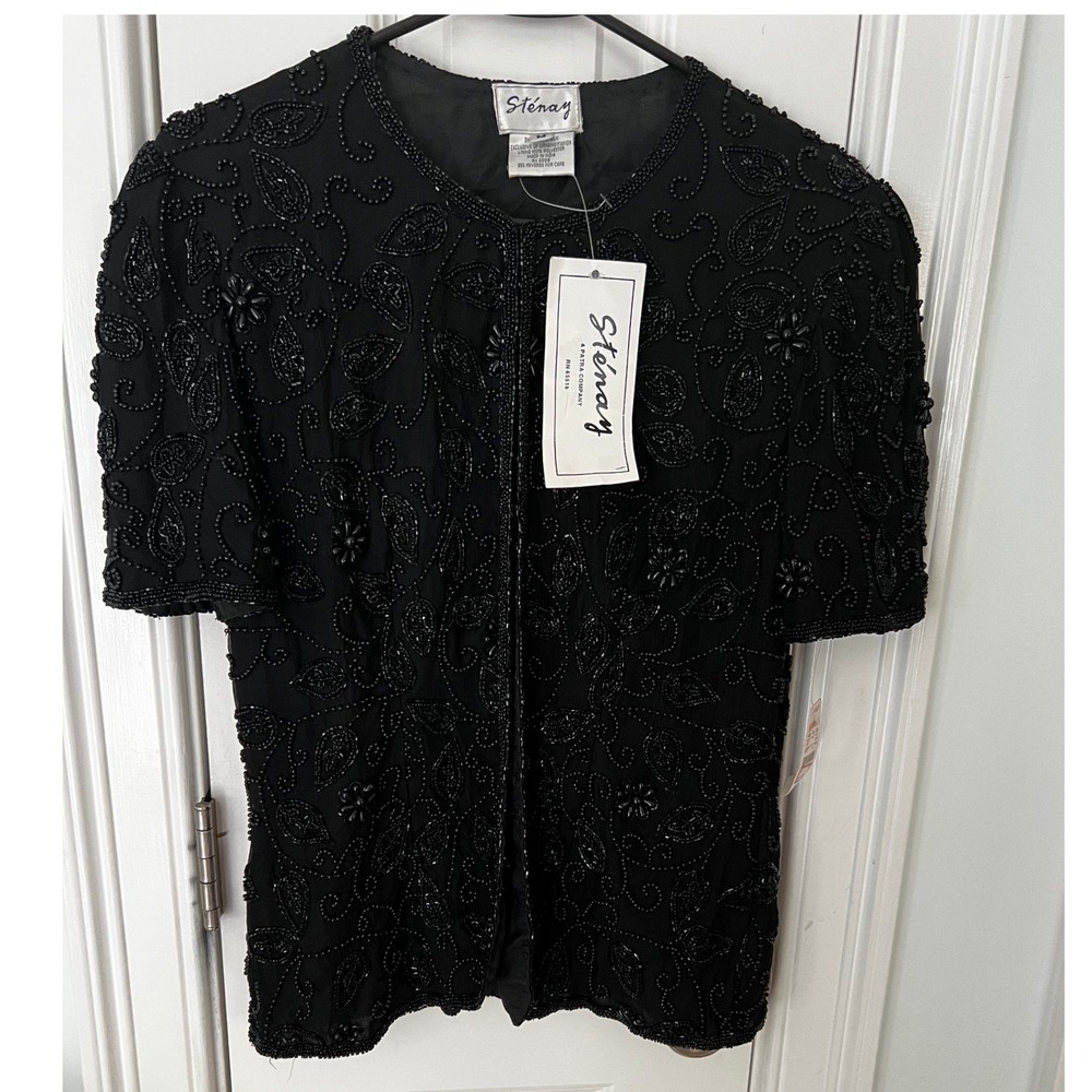 Stenay Vintage Black Silk Beaded Evening Top Short Sleeve Floral Paisley Medium